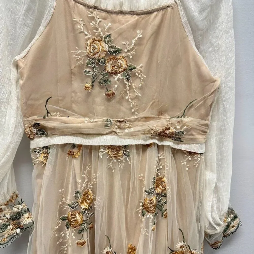 Maizishule Beige Floral Embroidered Midi Dress | Boho Sheer Long Sleeve Size L - Picture 10 of 16